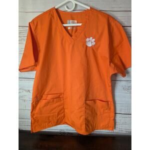 Clemson University Tigers Embroidered Orange V-Neck Scrub Top Women's Large